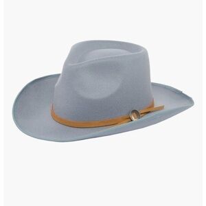 FRYE Felted Western Fedora Hat, light blue with Brown leather hat strap/Band